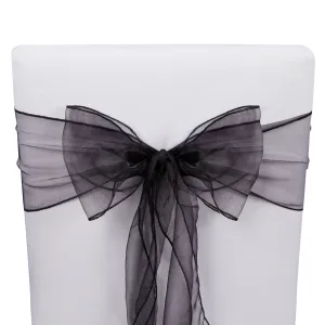 25 Pack Black Organza Ribbon Chair Bows for Wedding Reception, Baby Shower, Birthday Party (7 x 108 In)
