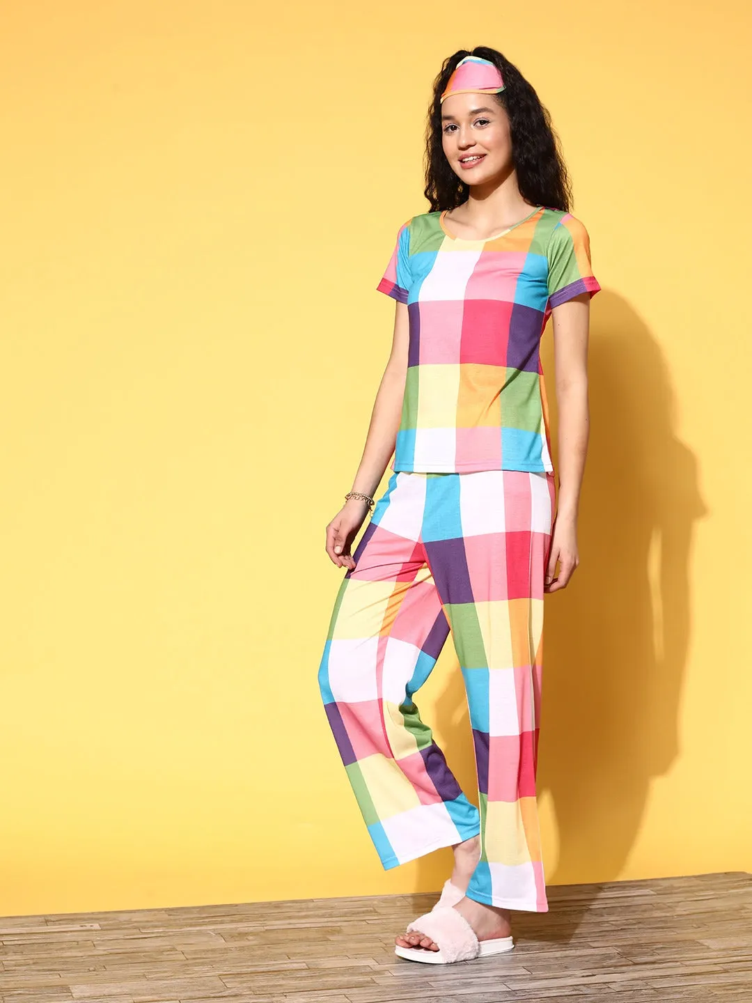 Berrylush Women Multicolour Checked Pattern Round Neck Slip-On Night Suit With Eye Mask