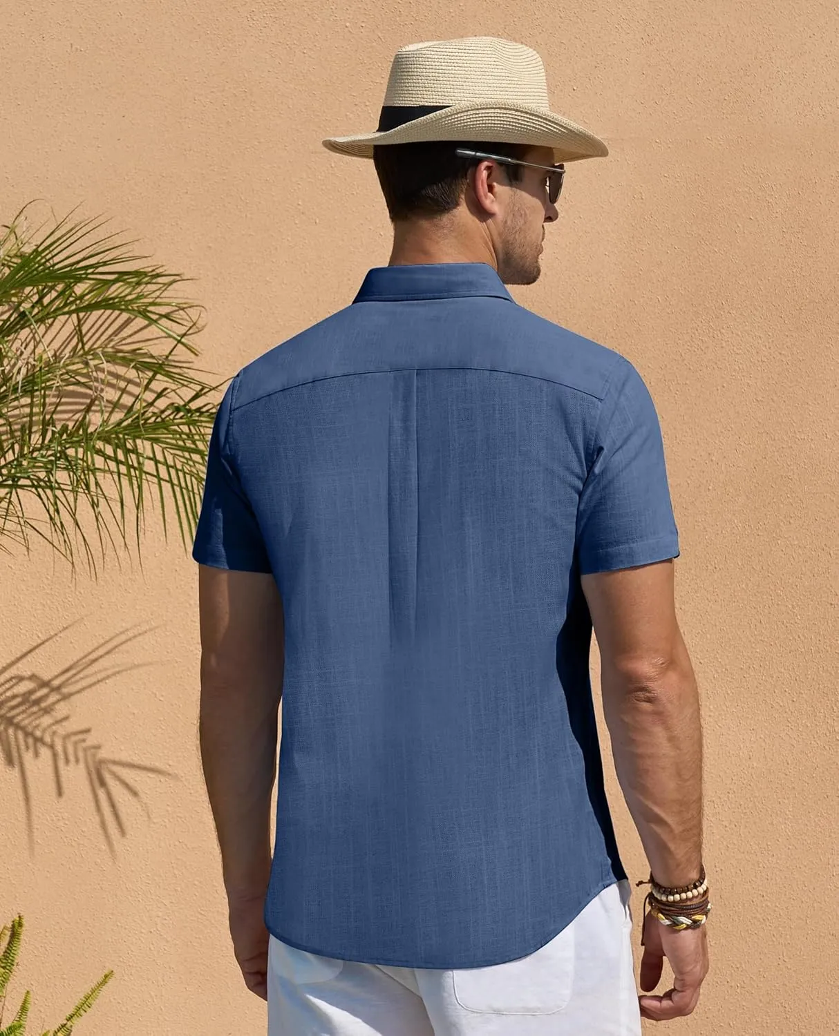 DEMEANOR Linen Shirts for Men Short Sleeve Button Down Shirts Summer Beach Casual Linen Button Up Shirt Vacation Wedding