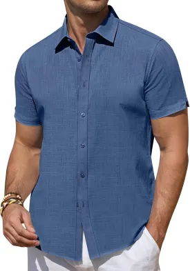 DEMEANOR Linen Shirts for Men Short Sleeve Button Down Shirts Summer Beach Casual Linen Button Up Shirt Vacation Wedding