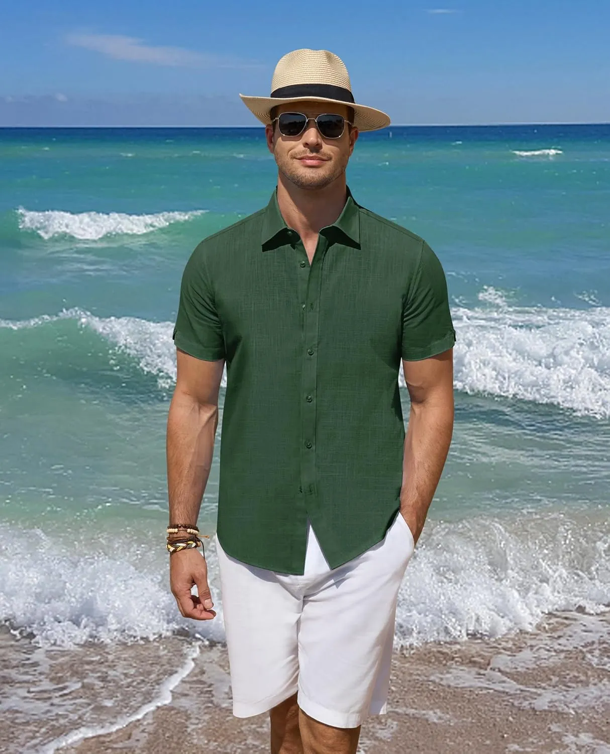 DEMEANOR Linen Shirts for Men Short Sleeve Button Down Shirts Summer Beach Casual Linen Button Up Shirt Vacation Wedding