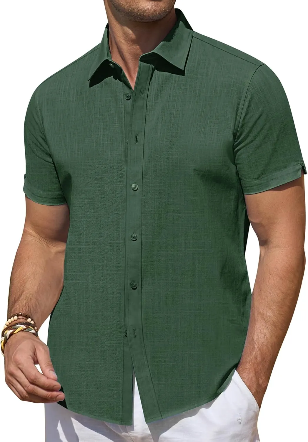 DEMEANOR Linen Shirts for Men Short Sleeve Button Down Shirts Summer Beach Casual Linen Button Up Shirt Vacation Wedding