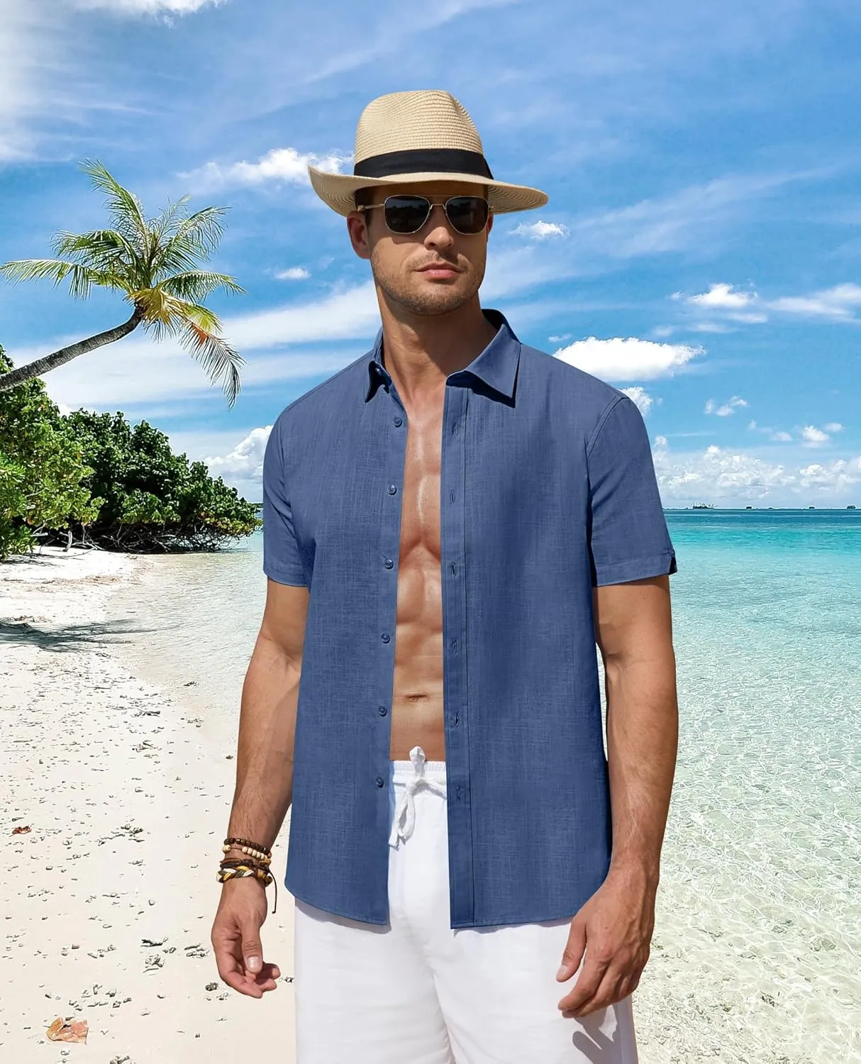 DEMEANOR Linen Shirts for Men Short Sleeve Button Down Shirts Summer Beach Casual Linen Button Up Shirt Vacation Wedding