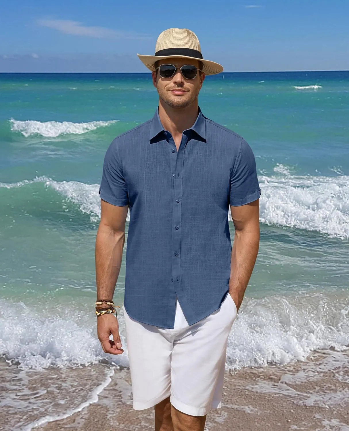 DEMEANOR Linen Shirts for Men Short Sleeve Button Down Shirts Summer Beach Casual Linen Button Up Shirt Vacation Wedding