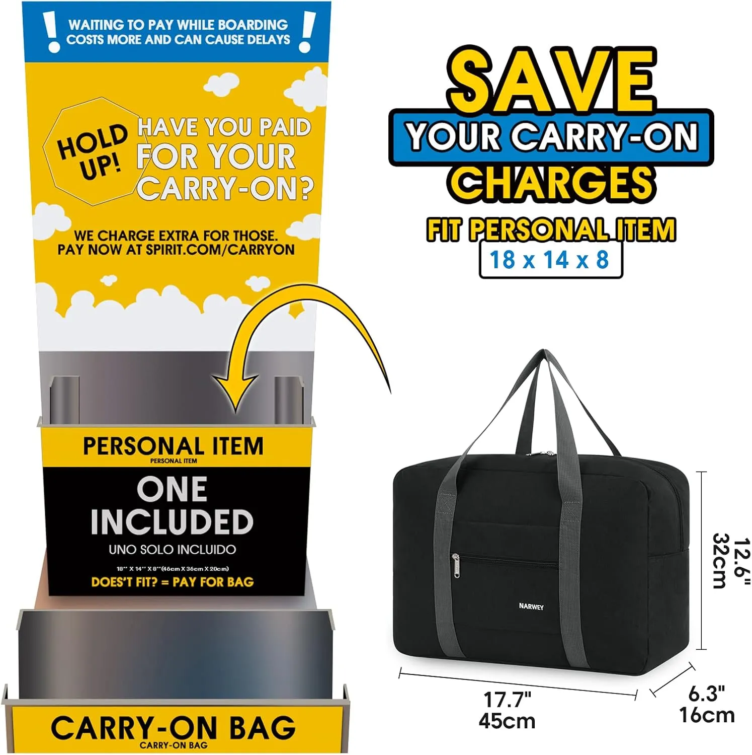 For Spirit Airlines Personal Item Bag 18x14x8 Foldable Travel Duffel Bag Tote Carry on Luggage Duffle Overnight for Women and Men