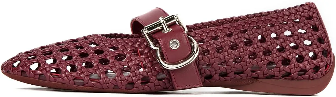 Mesh Mary Jane Flats for Women Hand Woven Flats Slip on Leather Round Toe Comfy Buckle Strap Dressy Beach Ballerina Sandals