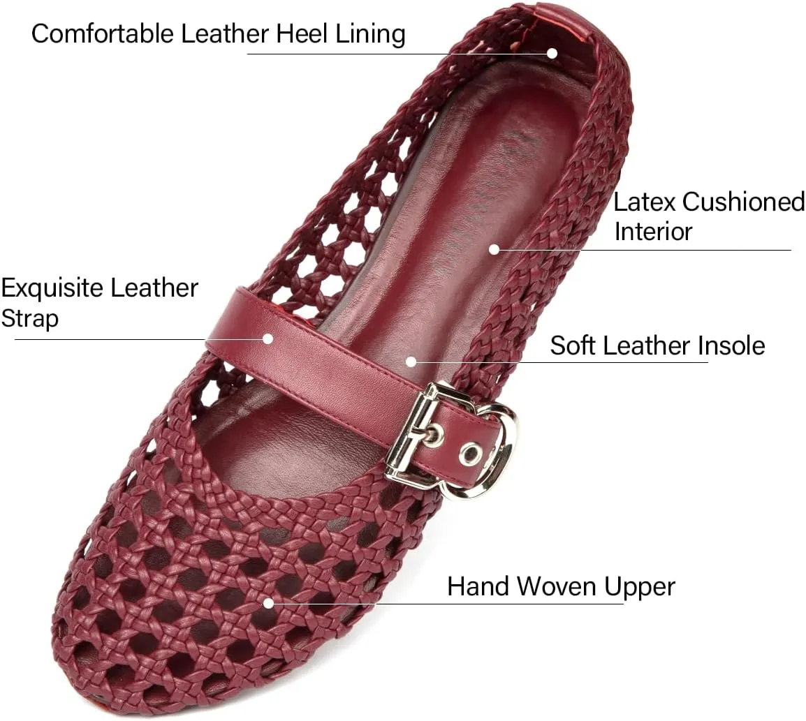 Mesh Mary Jane Flats for Women Hand Woven Flats Slip on Leather Round Toe Comfy Buckle Strap Dressy Beach Ballerina Sandals