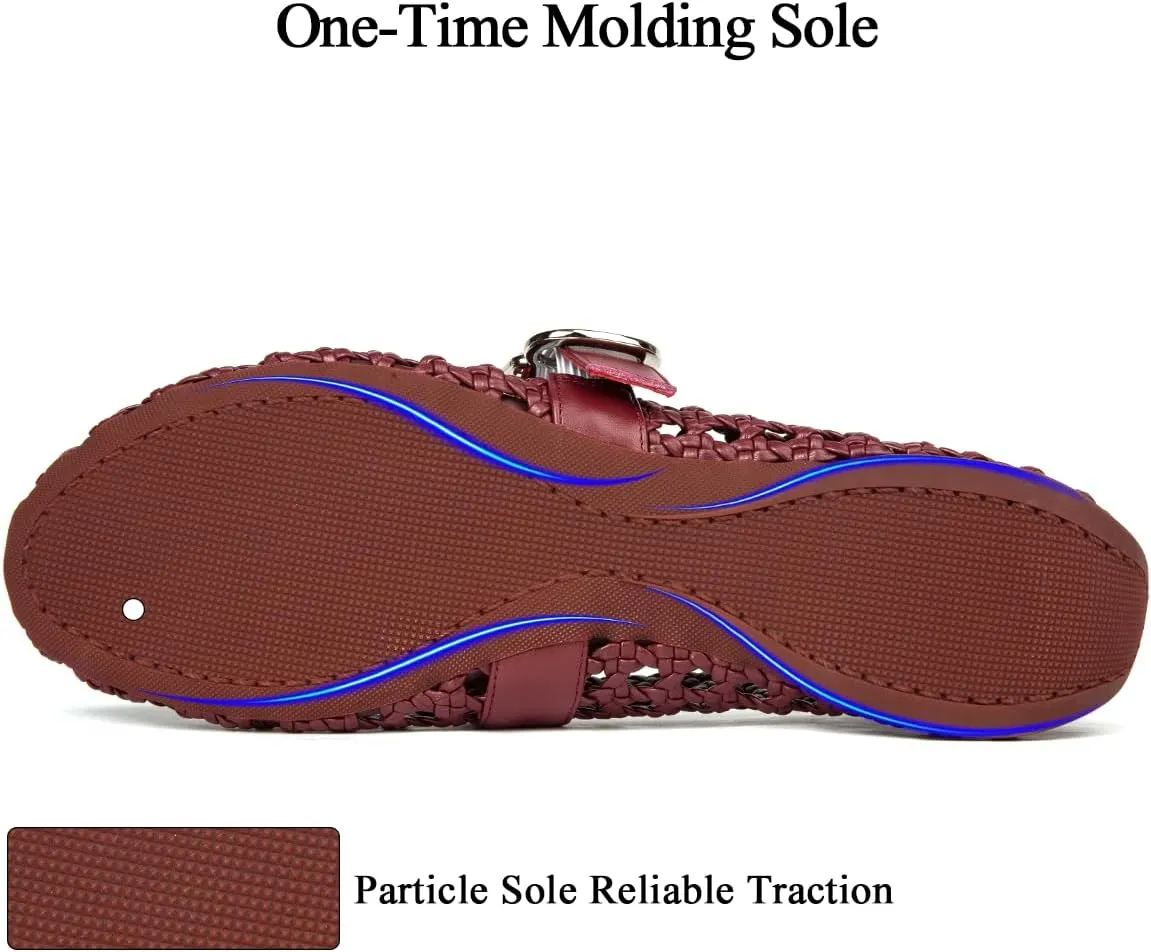 Mesh Mary Jane Flats for Women Hand Woven Flats Slip on Leather Round Toe Comfy Buckle Strap Dressy Beach Ballerina Sandals