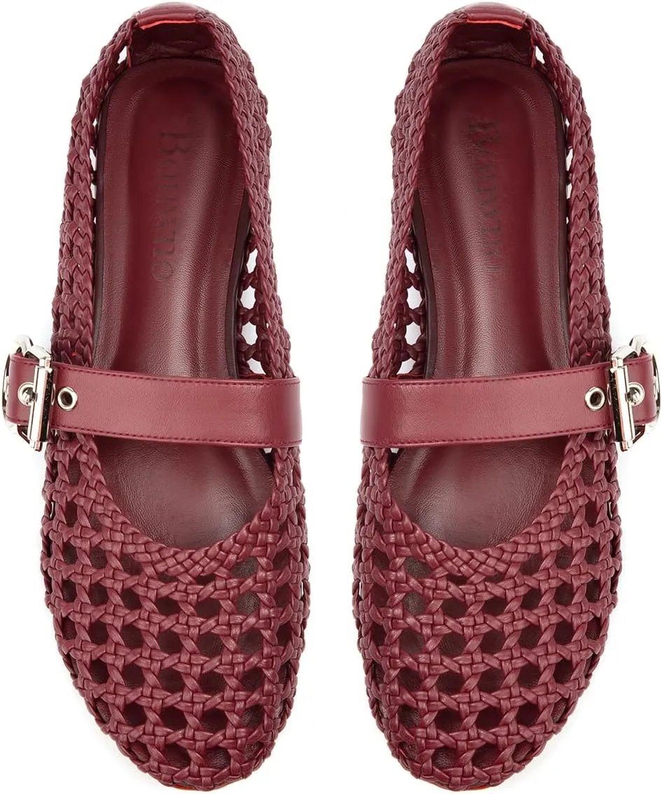 Mesh Mary Jane Flats for Women Hand Woven Flats Slip on Leather Round Toe Comfy Buckle Strap Dressy Beach Ballerina Sandals