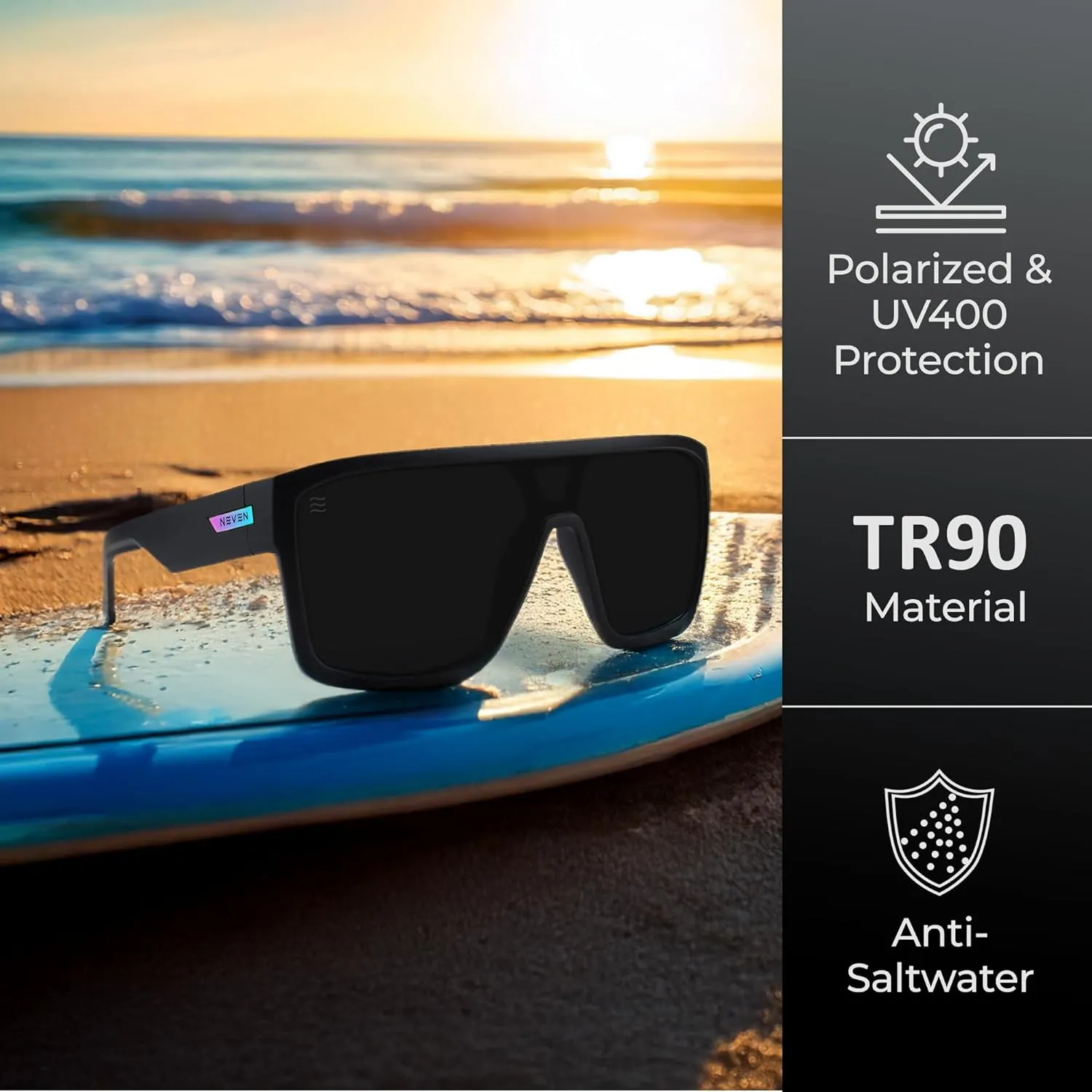 NEVEN Slater UV Frame Sunglasses For Men & Women - TR90 Oversized Polarized Sunglasses for Men - Coastal Sport Boxy Glasses