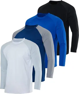 Real Essentials 4 Pack: Mens Long Sleeve Rash Guard Shirt UPF 50  Swim Beach UV Sun Protection Fishing Quick Dry (Big & Tall)