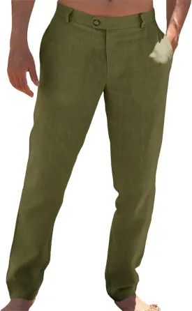 Runcati Mens Casual Pants Elastic Waist Linen Lightweight Straight-Legs Loose Fit Summer Beach Yoga Trousers