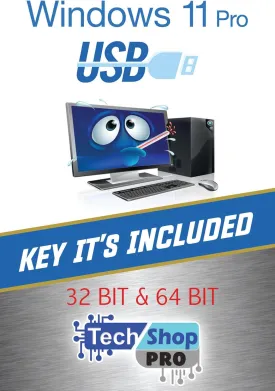 Tech-Shop-pro Reinstall USB with key For Windows 11 Pro Version 32/64 bit. Recover, Restore, Repair Boot Disc, and Install to Factory Default Fast and easy