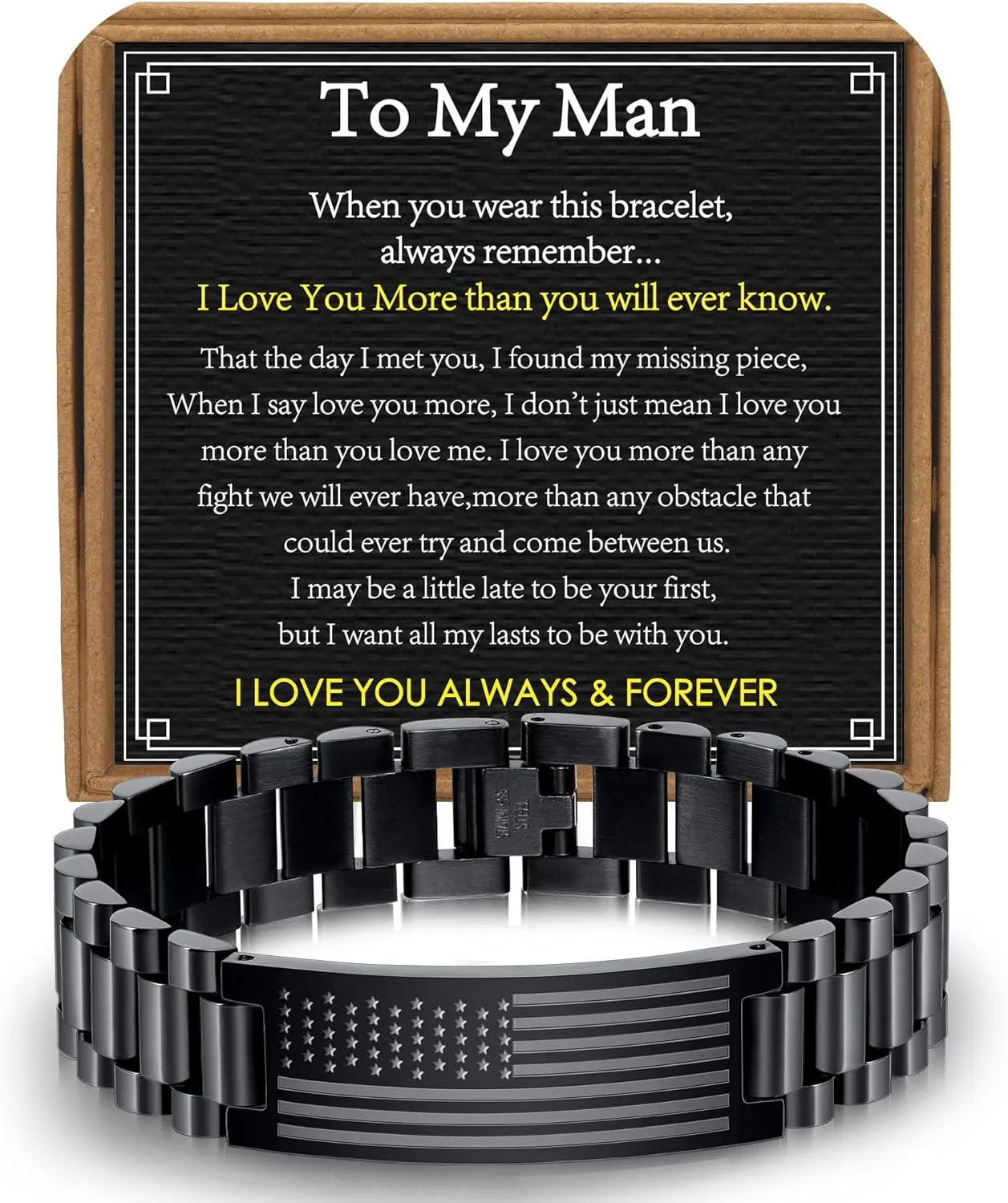 To My Man Boyfriend Husband Son Bracelet Gifts, Stainless Steel American Flag Watch Link Bracelet Valentines Christmas Jewelry Gifts for Men Him