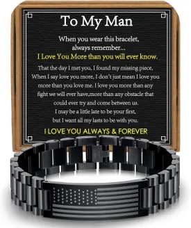 To My Man Boyfriend Husband Son Bracelet Gifts, Stainless Steel American Flag Watch Link Bracelet Valentines Christmas Jewelry Gifts for Men Him